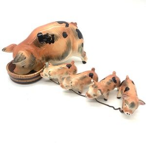 Vintage Pig Figurine Set Peach Black Spotted Ceramic Sow and Piglets JAPAN